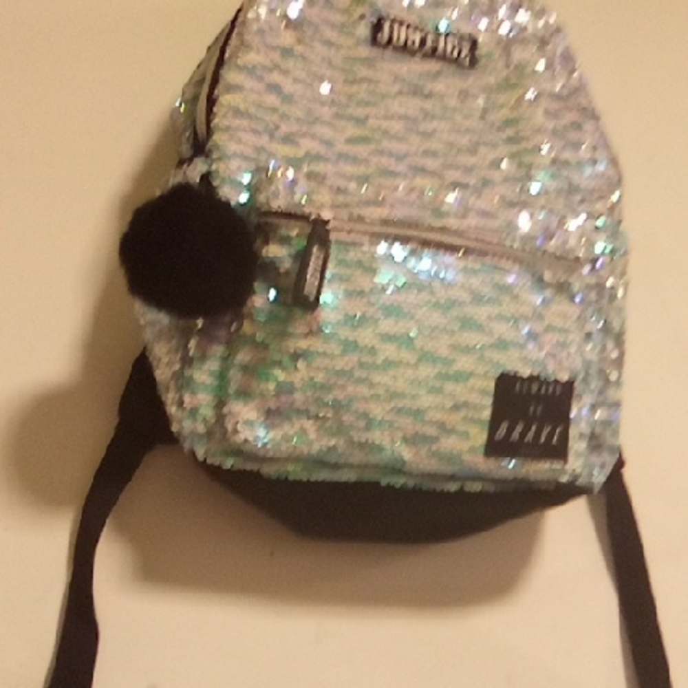 Justice Iridescent Sequin Backpack with Black Pom Pom
